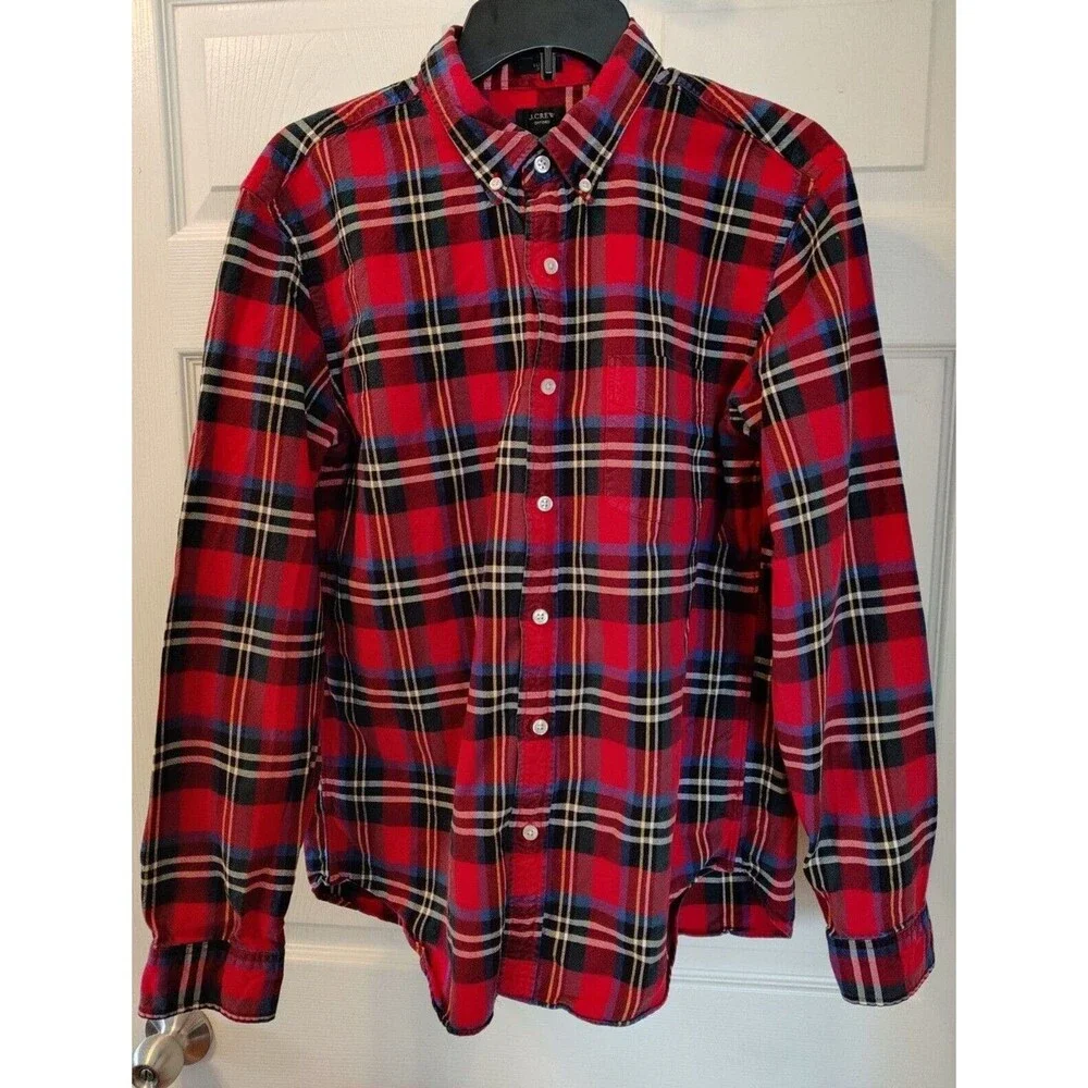 J. Crew Mens Flannel Shirt Large Slim Fit Red Plaid Button Down Cotton